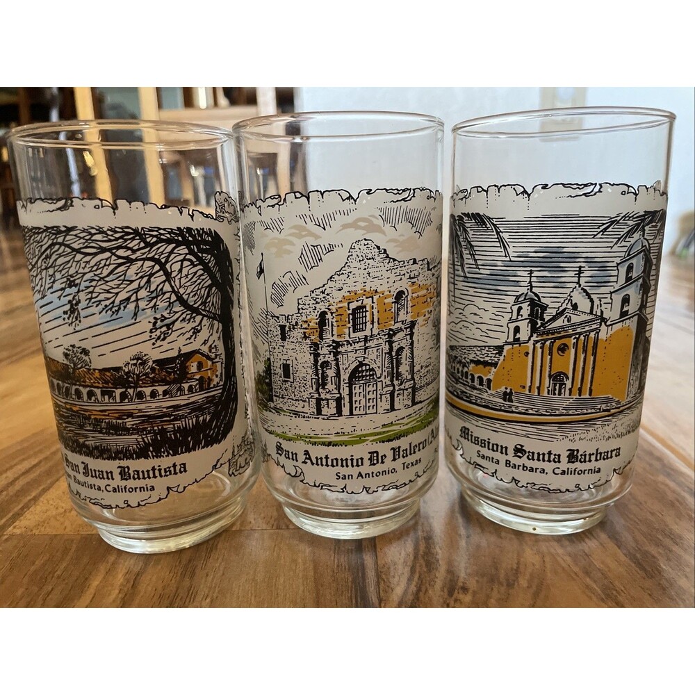 Coca Cola Mission Series Glass Mission Santa Barbara 5.5" Tall 1970's 3 Set